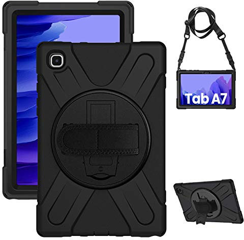 Gerutek Coque Antichoc pour Samsung Galaxy Tab A7 10.4 2022/2020 (T500/T503/T505/T507), Étui Armure Robuste avec Support Rotatif, Dragonne et Bandoulière, Protection Housse pour Galaxy Tab A7, Noir