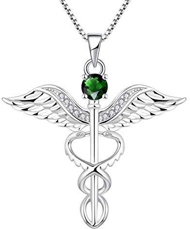 YL Krankenschwester Kette 925 Sterling Silber Schliff Mai Geburtsstein Grün Zirkonia Engelsflügel Caduceus RN registrierte Anhänger pour Femme Infirmière
