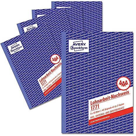 AVERY Zweckform 1771-5 Lohnarbeit-Nachweis (A5, selbstdurchschreibend, für Deutschland/Österreich, von Rechtsexperten geprüft, zur Stundenerfassung, 3x40 Blatt) weiß/gelb/rosa, 5er-Pack