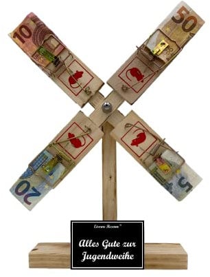 Jugendweihe Geld Geschenk | persönliche Geschenk aus Holz | Eiserne Reserve Windmühle Geldgeschenk | Geld verschenken Geschenkidee | Text s/w Alles Gute zur Jugendweihe