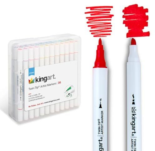 KINGART Studio Twin-Tip™ Permanent Alcohol-Based Sketch Markers, Storage/Travel Case, Set of 36 Unique Colors