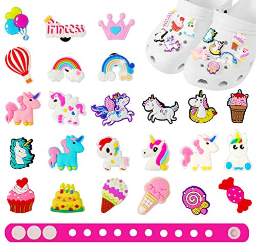 25 Stück, Schuhanhänger Charms für Schuhe mit Armband, PVC Schuhdekorations Anhänger, Schöne CLOG Charms Umfassen Einhorn Krone Regenbogen Kuchen Süßigkeiten Ballon, Partyartikel für Mädchen Frauen