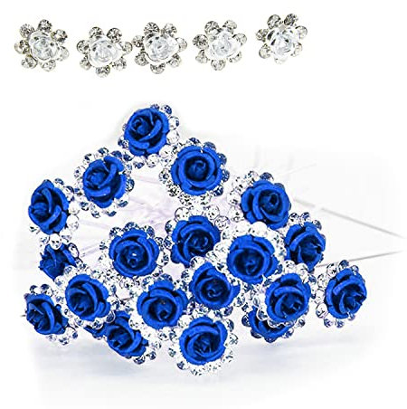Lot de 45 pinces à cheveux en strass en forme de U - Cristal - Rose - Design fleur - Pour mariage, spectacle - Bal de fin d'année - Bleu et blanc