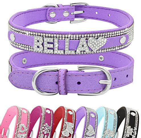 Senristar Personalised Bling Rhinestone Dog Collar with Name, Custom Glitter Crystal Diamond Dog Collar for Small Medium Large Dogs (M,Purple)