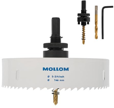 MOLLOM (146mm | 5-3/4) Scie-cloche bimétal HSS M42 avec 8% de cobalt avec 2 forets pilotes et mandrin, coupe lisse pour PVC, plaque de plâtre, bois, plastique, plaque de plâtre, caoutchouc
