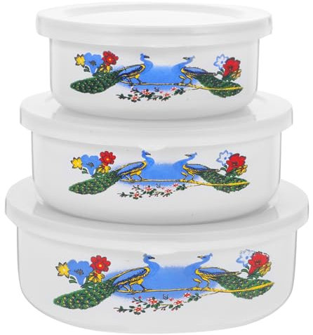 Operitacx 3stücke Teiliges Emaille-frischhaltedosen Multifunktionale Schüsseln Für Obst Nudeln Und Mit Deckel Verschiedenen Blumenmuster Zufällig