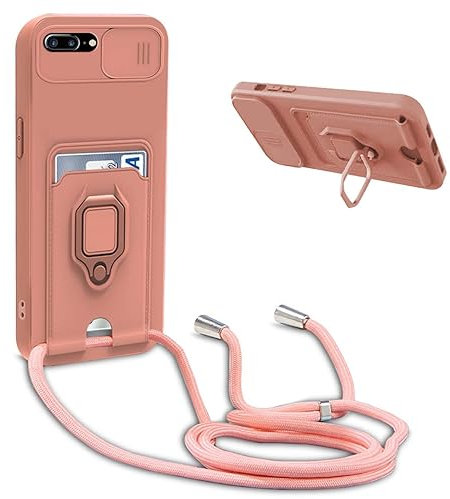 BGHHEU Coque avec Cordon pour iPhone 8 Plus/7 Plus/6 Plus,Collier pour Étui Colliers de cellulaire Réglable Corde Silicone Souple Case,Protection de la Caméra,Support,Porte Cartes - Pink