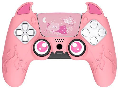 PlayVital Silikonhülle für ps5 Controller hülle pink Cute Demon Kawaii Controller Cover Schutzhülle Hülle Skin Zubehör für ps5 mit Touch Pad Aufkleber&Stick Kappen-Rosa