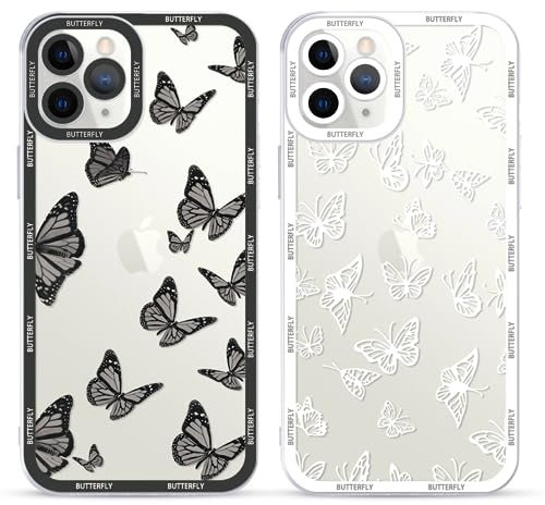 Yoedge 2 Stück Transparent HandyHülle für iPhone 11 Pro Hülle Schmetterling 5,8, TPU Silikon Schutzhülle für iPhone 11 Pro Case 3D Schwarz Butterfly Muster Aesthetic Mädchen Frauen Durchsichtig Cover