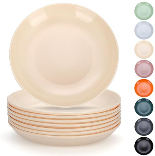 Evanda Lot de 8 assiettes en plastique, Assiettes à dîner 24cm incassables et réutilisables pour tous les usages et tous les âges, résistantes au micro-ondes, sans BPA(Fromage blanc)