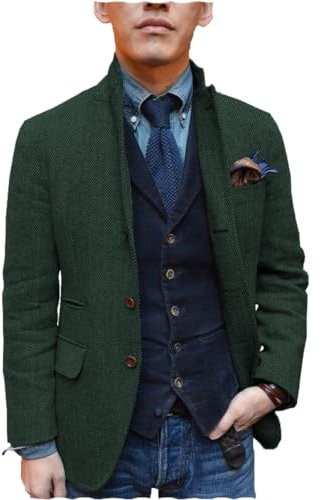 Tiavllya Herren Herringbone Tweed Anzug Blazer Jacke Vintage Stand Kragen Single Breasted Wolle Mantel (54, Jagdgrün)
