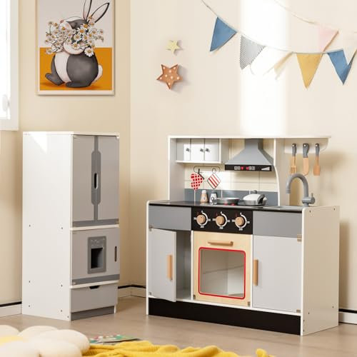 COSTWAY Cuisine Enfants avec Réfrigérateur & 12 Accessoires, Jeu de Cuisine avec Machine à Glaçons, Espace de Stockage, Lumière & Son Réaliste, Jouet d’Imitation pour Enfants de 3 Ans+