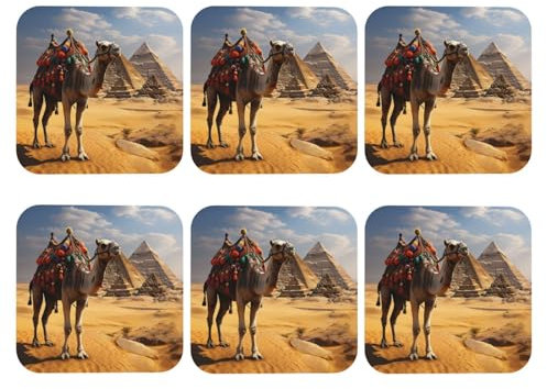 NONHAI Untersetzer für Getränke, 6 Stück, PU-Leder-Untersetzer mit Halter, 10,2 cm, Getränkeuntersetzer für Couchtisch, Pyramide Kamel, Tassen-Untersetzer-Set für Heimdekoration, Tischschutz