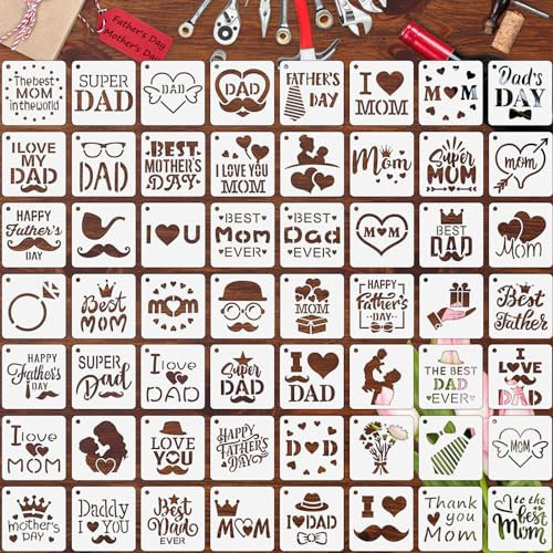 Augshy Schablonen zum Malen, 56 Stück, für Vatertag, Muttertag, Wiederverwendbar für Schrott, DIY, Basteln, Buchung für Heimdekoration (7,6 cm)