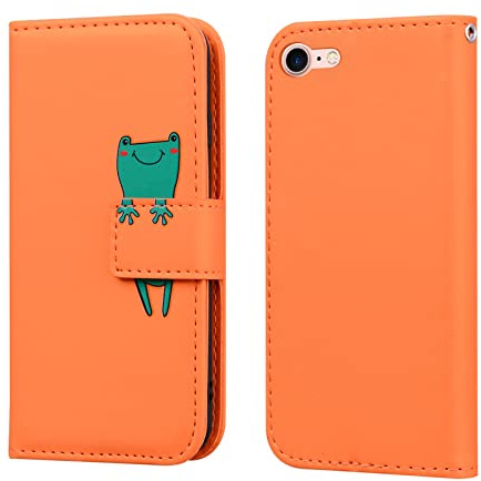 Butnyeoe Handyhülle für iPhone 8 Klappbar,iPhone 7 Klapphülle,iPhone SE 2020 Hülle Klappbar,iPhone SE 2022 Schutzhülle Tasche mit Kartenfach,Orange+Frosch