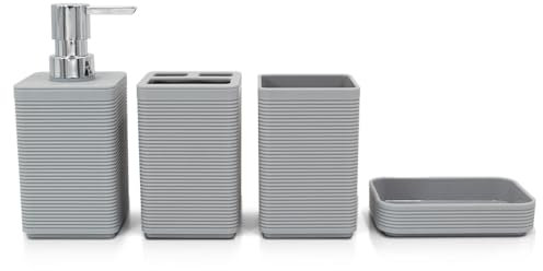 Liuonnam Badezimmer-Zubehör-Set, 4-teiliges Kunststoff-Geschenkset mit Zahnbürstenhalter, Zahnputzbecher, Seifenspender, Seifenschale (grau)