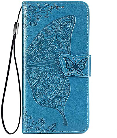 WBWONE Leather Folio Cover per ZTE Blade A35 / A55, Goffratura a Farfalla Custodia in Pelle PU Magnetica Libro Flip Portafoglio Case con [Funzione Stand]. Blu