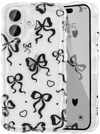 UEEBAI Kompatibel mit iPhone 16 Hülle Tansparent Süßes Schwarz Schleife Handyhülle Dünne Bling Glitzer Bowknot Schutzhülle Stoßfeste Weiche TPU Bumper Cover für Frauen Mädchen, Schwarz
