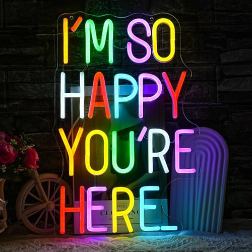 LMSIGNLY Ich bin so glücklich, dass du hier bist Neonzeichen Buchstabe Neon leuchtet Zeichen dimmbar positive Affirmation LED-Licht für Kinderzimmer Willkommensschilder für Klassenzimmer Home Business