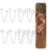Diamday 4 Paar Ohrringe Gold Silber für Damen Ohrringe Hängend 14K Vergoldet Ohrringe Creolen Ohrstecker mit Kette Doppel Piercing Creolen Hypoallergen Piercing Ohr Ohrringe Hängend Set