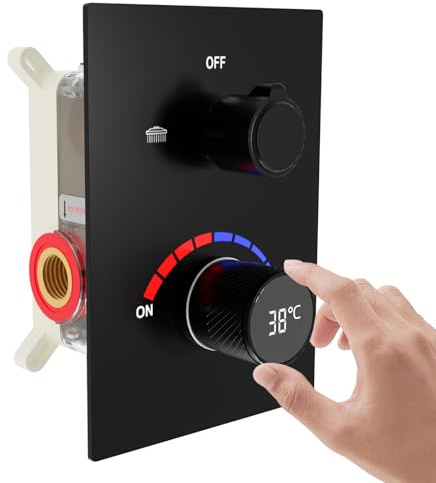 Matte Black Concealed Thermostatic Shower Mixer Valve 2 Way- GETSHOWERSET | 2 Outlets, Digital Temperature-Display Shower Diverter Valve, Brass Construction, Dual Function, Shower Faucet Rough-in Valve