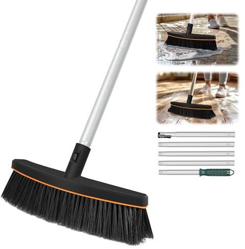 ORIENTOOLS Escoba de empuje resistente para exteriores, escoba para exteriores, cepillo para fregar el suelo, cepillo de cubierta, escoba de tienda, escoba de garaje de 15 pulgadas, mango largo de 65