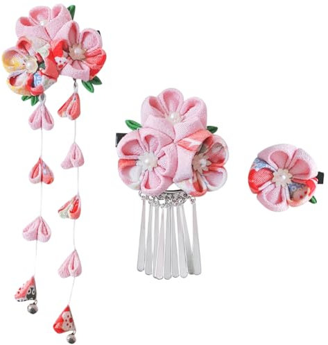 Umibow Lot de 3 pinces à cheveux japonaises en forme de fleur kimono - Épingles à cheveux de style japonais traditionnel Tsumami Kanzashi - Accessoires de cheveux de mariage pour femme