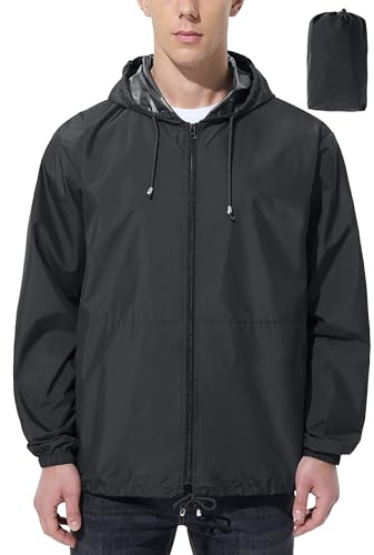 UIQUR Mens Rain Jacket Raincoat Waterproof Windbreaker Black L