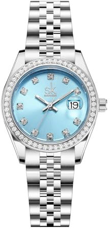 SHENGKE Montre pour Femmes avec Bracelet en Alliage d'acier et Cristaux Montre à Quartz et Calendrier pour Femmes (Argent et Bleu Ciel)