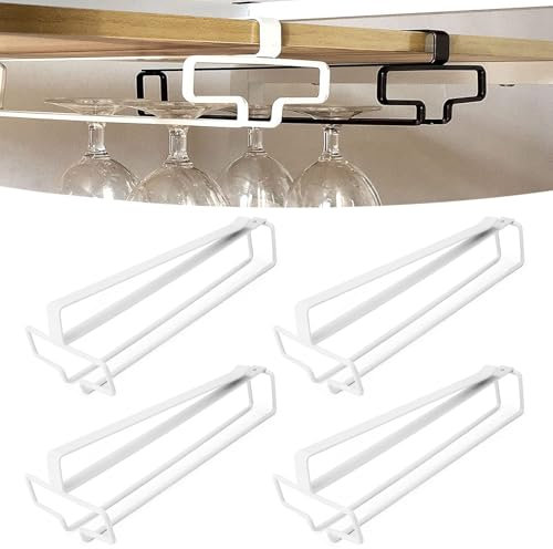 SAMSYOKI 4 Pezzi Porta Bicchieri da Vino Sospeso Supporto per Calici di Vino Sottopensile Rack per Calici Senza Foratura Scolabicchieri Vino in Metallo per Bar Ristorante Cucina (Bianco)