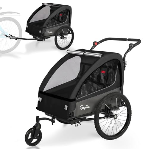 SEPNINE® 2 in 1 Kinderanhänger & Kinderwagen mit Federung, Fahrradanhänger für 1 bis 2 Kinder max, Joggerfunktion, Faltbar, Geräumiger Kofferraum (Schwarz)