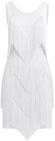 EFOGEP Damen 1920er Fransenkleid Salsa Tanzkleid mit Strass | Mit funkelnden Strass-Details und mehrlagigen Fransen für Charleston, Salsa, Tanzshows und Partys