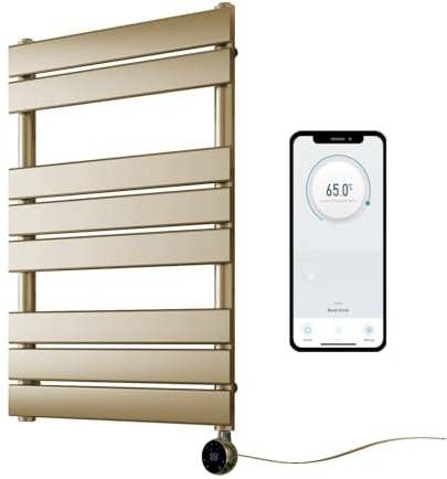 Greened House Richmond Electric Smart WiFi Controlled Heated Towel Rail Flat 7 Day Programmable Timer App Compatibility (Brushed Brass, 400mm W x 800mm H)