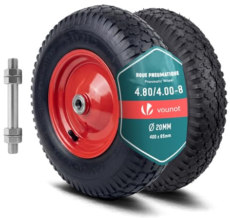 VOUNOT® Pneumatic Wheel 4.80/4.00-8 with Inner Tube, Replacement Wheelbarrow Wheel with Ball Bearings, 400x85mm, 20mm Bore, Heavy Duty Tyre for Wheelbarrow Sack Truck Garden Trolley