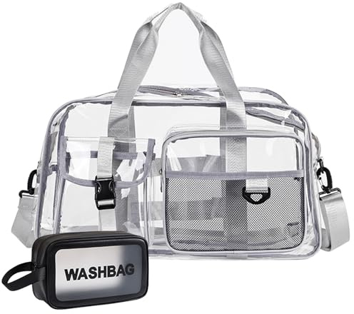 Small Gym Bag for Women, Travel Duffle Bag Carry On Weekender Bag with Shoe Compartment, Clear-Grey, Gym Bag&Toiletry Bag