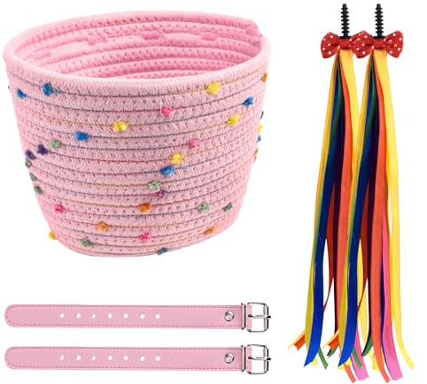 Fahrradkorb Kinder Vorne, Rosa Kinder Fahrradkorb Mädchen Griff Bowknot Streamers Baumwolle Waved Micro Scooter Lenkertasche Fahrrad Kinders Trägertasche für Kinders Dreiräder Balance Bike