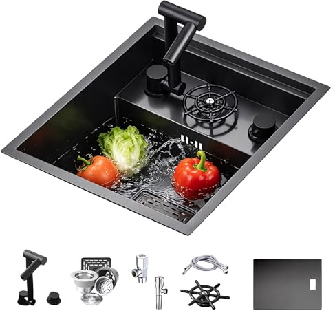 Coubird Fregadero de cocina negro invisible, adecuado para bar, caravana, cocina, grifo plegable integrado, fregadero pequeño de acero inoxidable de un solo tazón (negro/A, 45 x 50 cm)