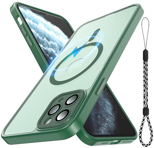 for iPhone 11 Pro Max Case with Lanyard Strap Included ,[Full Camera Protection] [Compatible with MagSafe] Translucent Matte Shockproof Protective Phone Cover for iPhone 11 Pro Max 6.5-Dark Green