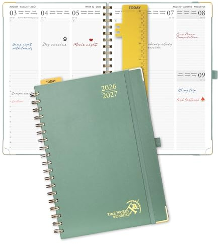 POPRUN Agenda 2026 2027 Semainier A4(30 x 21 cm) D'Août 2026 à Déc 2027 | 17 Mois Planner Vertical Scolaire Couverture Rigide Spirale,Avec règle signet,Papier 80g/m²,Vert Minuit