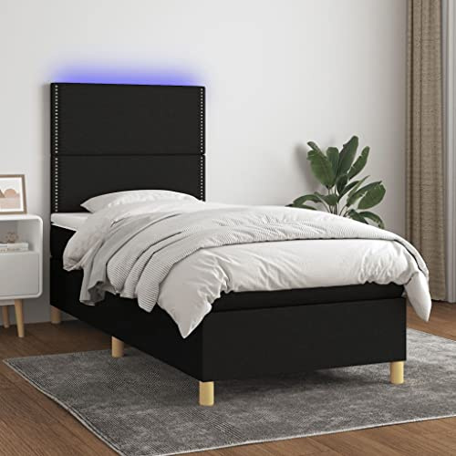 QJBSAVVA Boxspringbett 100x200 cm Schwarz mit Taschenfederkernmatratze & RGB LED Beleuchtung Höhenverstellbares Kopfteil Gepolstertes Ehebett Modernes Design für Schlafzimmer Gästezimmer
