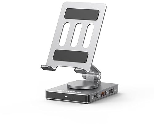 Tosuny Support de Tablette avec Hub USB C 8 en 1, Support de Tablette en Aluminium avec Station d'accueil, Base Pivotante à 360°, HDMI 4K, Chargement PD 100 W, USB 3.0, RJ45, Audio