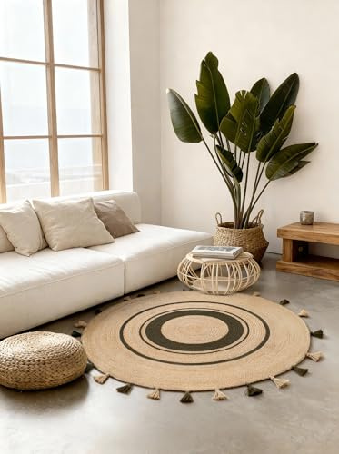 Hanse Home Basil Juteteppich - Natur Wohnzimmereppich Rund aus 100% Jute, Handgewebt mit Fransen, Robust & Pflegeleicht, Boho Naturfaser Teppich für Wohnzimmer, Schlafzimmer - Natur Gold Grün, Ø200cm