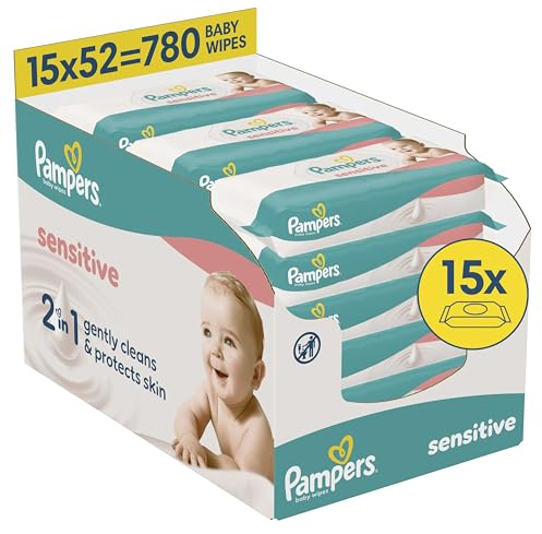 Pampers Sensitive Baby Wipes, 780 Count | 2-in-1 Cleans & Protects Sensitive Skin, Helps Prevent Redness, Approved by Skin Health Alliance Dermatologists