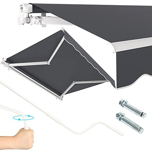 Dripex Markise 350 x 300 cm Manuelle Gelenkarmmarkise Wasserdicht und Sonnenschutz, Terrassenmarkise Größen wählbar, Sonnenmarkise für Terrasse Balkon, Dunkelgrau, Montage erforderlich