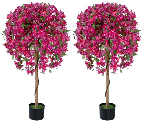 LIFEZEAL Set di 2 alberi artificiali bouganville 130 cm, pianta finta in vaso con fiori vivi, fogliame realistico, rami regolabili, base cemento stabile, decorazione per interni ed esterni, balcone