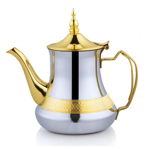 predolo Tetera Metal con s Dorados Metálica Tetera Árabe Acabado Brillante Jarra Árabe para Invitados, Cocina, Comedor, 35OZ/1.2L, Plateado Y Dorado Con Patrón