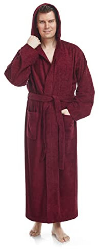 Arus Accappatoio da uomo con cappuccio, lunghezza alla caviglia, 100% cotone spugna, Bordeaux, L-XL lungo