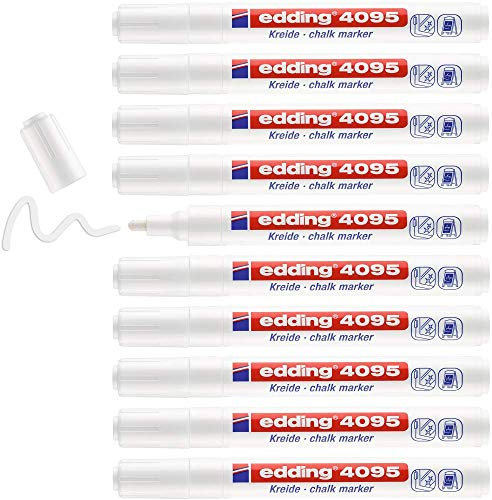 edding 4095 Marqueur craie liquide - blanc - 10 feutres craie liquide - pointe ronde 2-3 mm - feutre craie effacable pour écrire sur les vitres,le verre - feutre craie ardoise aux couleurs opaques