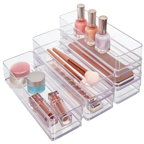 STORi SimpleSort 6-Piece Stackable Clear Drawer Organizer Set | 9 x 3 x 2 Rectangle Trays | Narrow Makeup Vanity Storage Bins and Office Desk Drawer Dividers | Made in USA