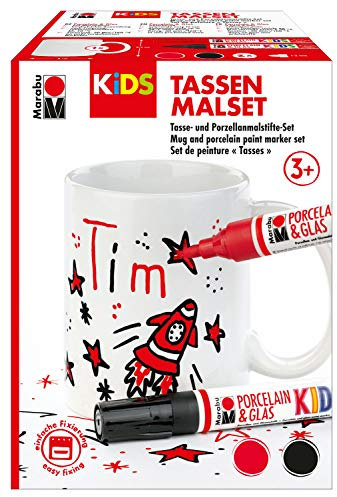 Marabu 0125000000102 - KiDS Porcelain & Glas Painter, Tassen Malset Tim, Kreativset für Jungen mit einer weißen Tasse und 2 Porzellanmalstiften in rot und schwarz